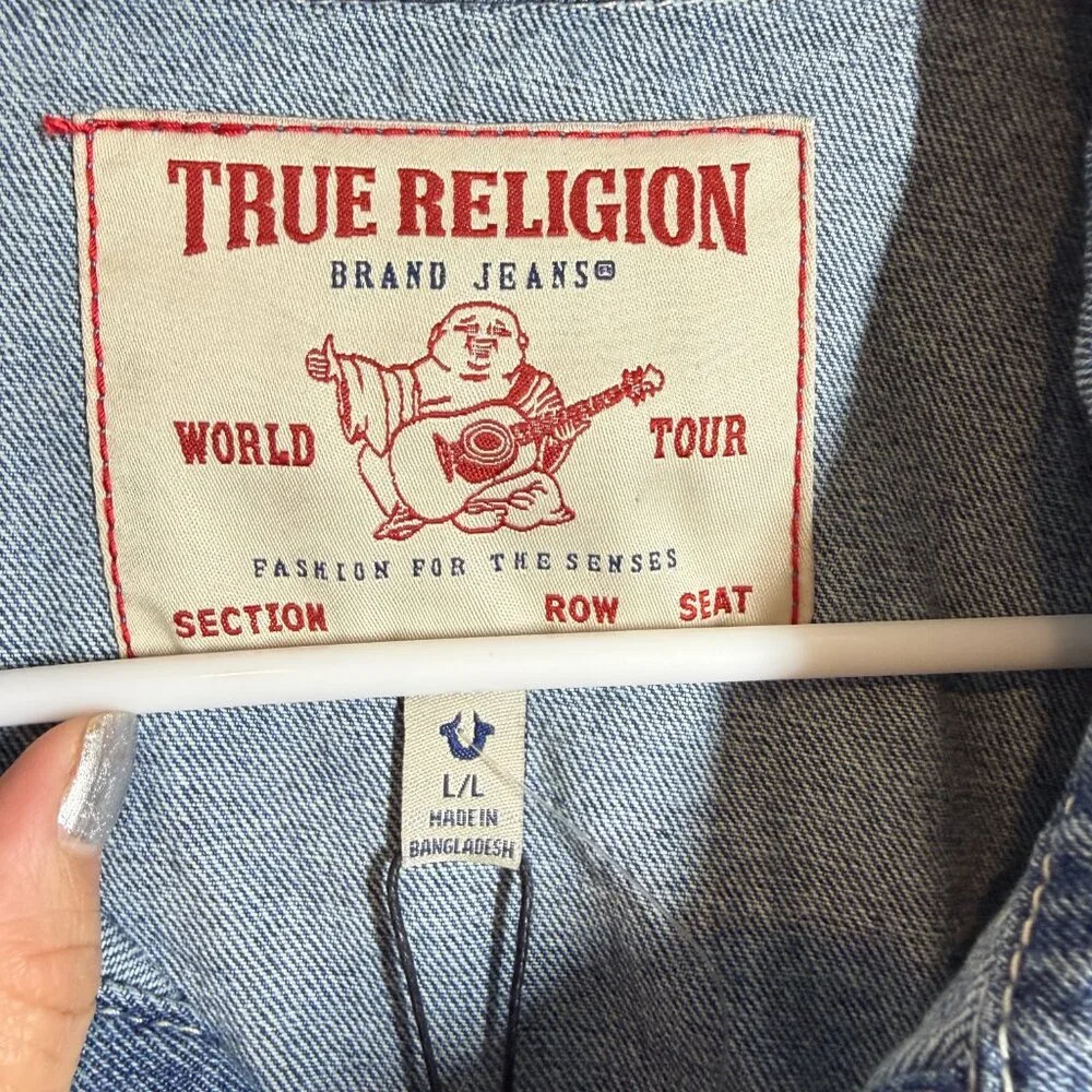 NWT Vintage inspired True Religion Denim Jacket Y2K 2002 Patches Medium Wash L